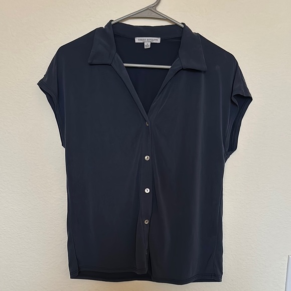 Soft Navy Short Sleeve Button-Up Top - Picture 1 of 3